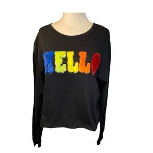 Enough About Me Rainbow Faux Fur Hello Tee Black Knit Crewneck Long Sleeve M